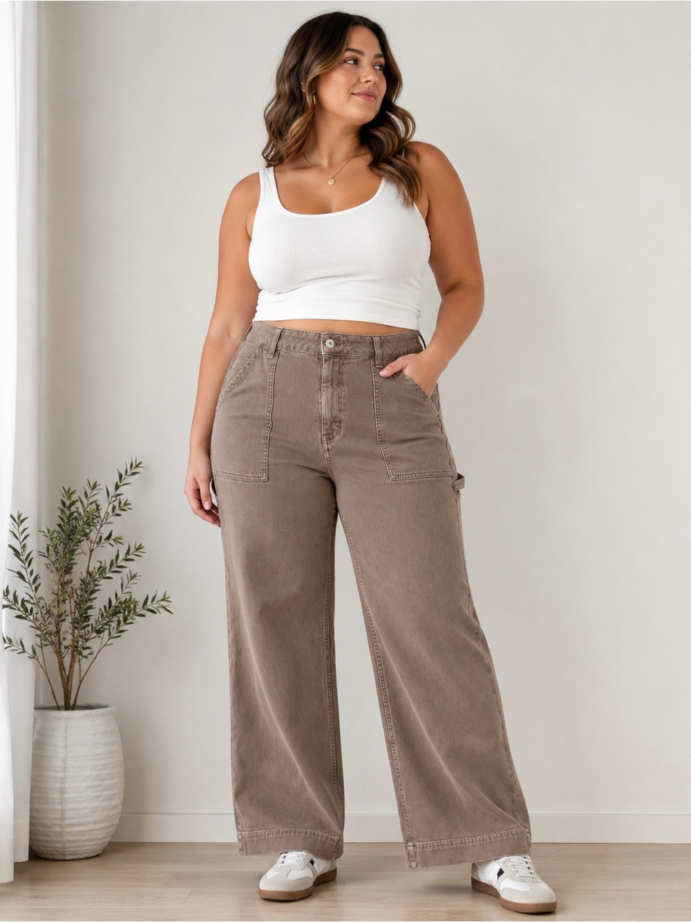 American Eagle Taupe Utility Wide Leg Pants 14 Short Neutral Cargo Workwear